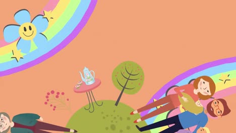 Animation-of-spinning-earth-with-families-and-flowers-on-rainbows-on-orange-background