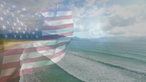 Digital-composition-of-waving-us-flag-against-aerial-view-of-the-beach