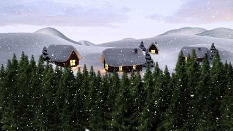 Animation-Von-Schnee,-Der-über-Häuser-Fällt,-Und-Winterlandschaft-Mit-Tannenbäumen