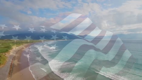 Digital-composition-of-waving-us-flag-against-aerial-view-of-the-beach-and-sea-waves