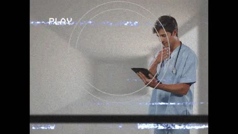 Animation-of-play-digital-interface-on-screen-with-glitch-over-male-doctor-with-tablet