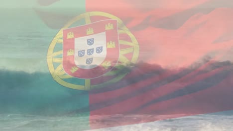 Digitale-Komposition-Der-Wehenden-Portugiesischen-Flagge-Gegen-Wellen-Im-Meer