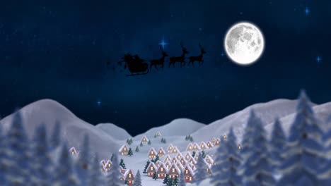 Animation-Von-Weihnachtsmann-Und-Schlitten-über-Dem-Nachthimmel-In-Der-Winterlandschaft