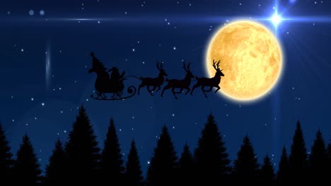 Animación-De-Santa-Y-Trineo-Sobre-El-Cielo-Nocturno-En-Un-Paisaje-Invernal