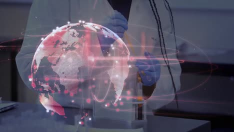 Animation-Eines-Globus-Mit-Netzwerk-Von-Verbindungen-über-Wissenschaftlerinnen-Im-Labor