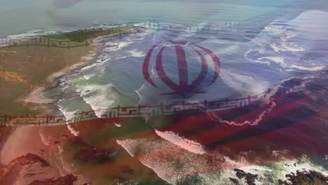 Animation-of-flag-of-iran-blowing-over-okay-hands-on-beach-landscape