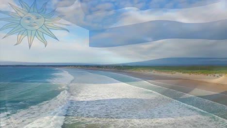 Digitale-Komposition-Der-Wehenden-Uruguay-Flagge-Vor-Der-Luftaufnahme-Des-Strandes-Und-Des-Meeres