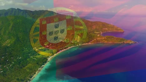 Animation-of-flag-of-portugal-blowing-over-okay-hands-on-beach-landscape