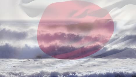 Animation-of-flag-of-japan-blowing-over-wave-in-sea