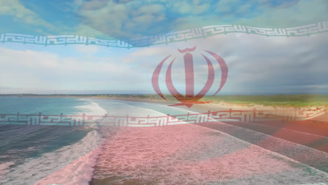 Animación-De-La-Bandera-De-Irán-Ondeando-Sobre-El-Paisaje-De-La-Playa.