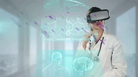 Animation-of-screens-with-data-processing-and-purple-trails-over-female-doctor-wearing-vr-headset