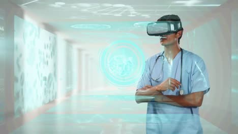 Digitaluhr-Und-Bildschirme-Mit-Medizinischer-Datenverarbeitung-Vor-Einem-Männlichen-Arzt,-Der-Ein-VR-Headset-Trägt
