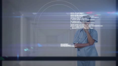Animation-of-data-processing-over-female-doctor-wearing-vr-headset