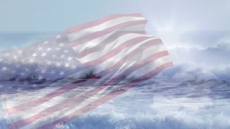 Digitale-Komposition-Der-Schwenkenden-US-Flagge-Gegen-Wellen-Im-Meer