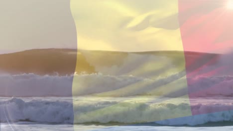 Animation-of-flag-of-belgium-blowing-over-waves-in-sea