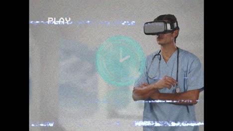 Animation-of-play-digital-interface,-clock-moving-fast-over-male-doctor-wearing-vr-headset