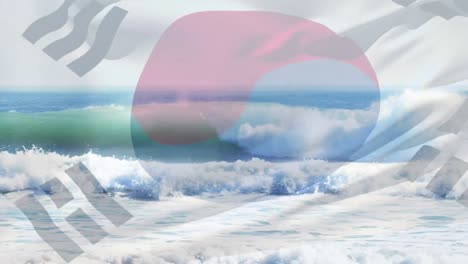 Digitale-Komposition-Der-Wehenden-Südkoreanischen-Flagge-Gegen-Wellen-Im-Meer