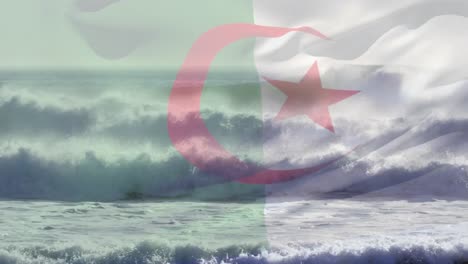 Animation-Der-Flagge-Algeriens,-Die-über-Wellen-Im-Meer-Weht