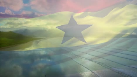 Animación-De-La-Bandera-De-Ghana-Ondeando-Sobre-El-Paisaje-De-La-Playa.