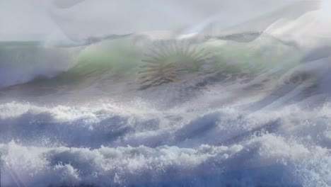 Digitale-Komposition-Der-Wehenden-Argentinischen-Flagge-Vor-Der-Luftaufnahme-Der-Wellen-Im-Meer
