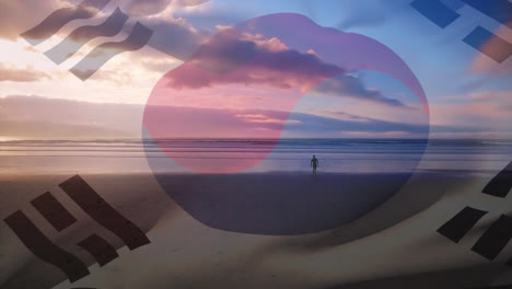 Digitale-Komposition-Einer-Schwenkenden-Südkorea-Flagge-Gegen-Einen-Mann,-Der-Am-Strand-Spaziert