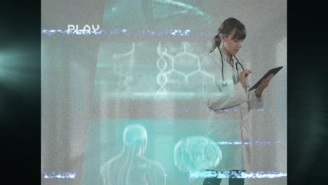 Animation-of-play-digital-interface,-screens-with-data-processing-over-female-doctor-with-tablet