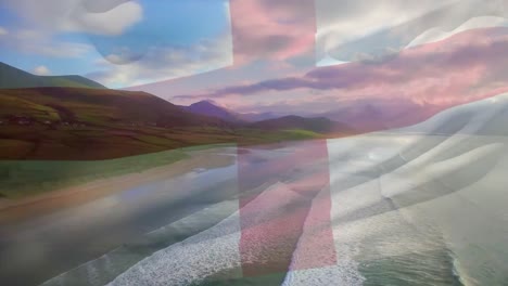 Digitale-Komposition-Einer-Wehenden-Englischen-Flagge-Vor-Der-Luftaufnahme-Von-Strand-Und-Meereswellen