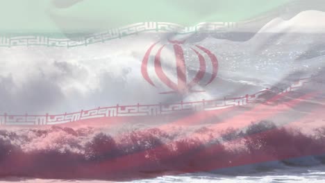 Animation-Der-Iranischen-Flagge,-Die-über-Der-Meereslandschaft-Am-Strand-Weht