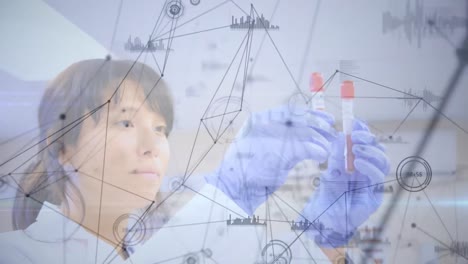 Animation-of-network-of-connections-over-female-scientist-in-laboratory