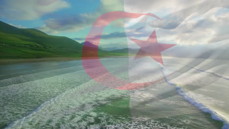 Digitale-Komposition-Der-Schwenkenden-Algerien-Flagge-Vor-Der-Luftaufnahme-Von-Strand--Und-Meereswellen