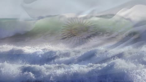 Digitale-Komposition-Der-Wehenden-Argentinischen-Flagge-Gegen-Wellen-Im-Meer