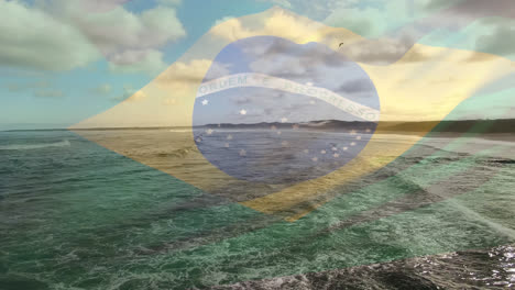 Animation-Der-Brasilianischen-Flagge,-Die-über-Der-Strandlandschaft-Weht