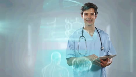 Animation-of-screens-with-data-processing-over-male-doctor-with-clipboard