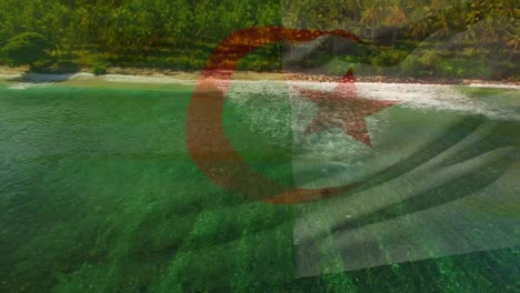 Animation-of-flag-of-algeria-blowing-over-okay-hands-on-beach-landscape