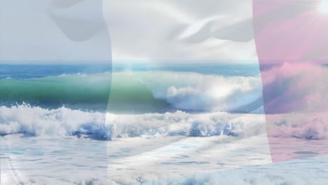 Digitale-Komposition-Der-Wehenden-Französischen-Flagge-Vor-Der-Luftaufnahme-Der-Wellen-Im-Meer