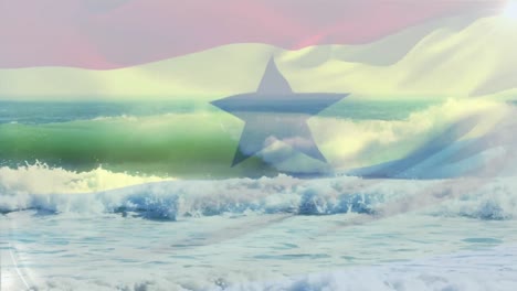 Digitale-Komposition-Der-Wehenden-Ghana-Flagge-Vor-Der-Luftaufnahme-Der-Wellen-Im-Meer