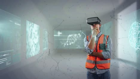 Animation-of-connections,-screens-with-data-processing-over-male-engineer-wearing-vr-headset