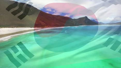 Digitale-Komposition-Der-Wehenden-Südkorea-Flagge-Vor-Der-Luftaufnahme-Des-Strandes-Und-Des-Meeres