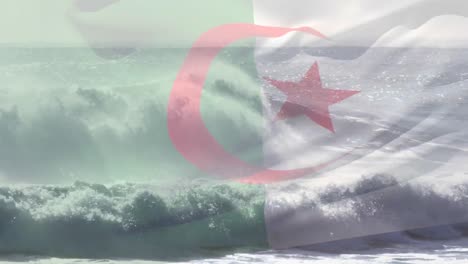Animation-Der-Flagge-Algeriens,-Die-über-Eine-Welle-Im-Meer-Weht