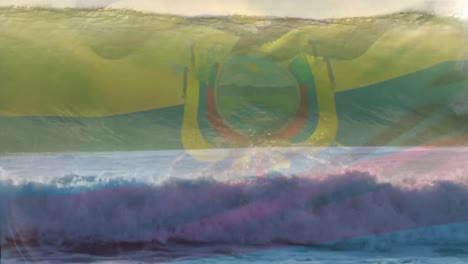 Digital-composition-of-waving-ecuador-flag-against-aerial-view-of-waves-in-the-sea
