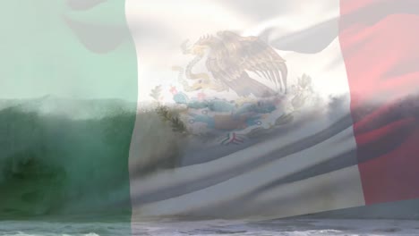 Composición-Digital-De-Ondear-La-Bandera-De-México-Contra-Las-Olas-En-El-Mar