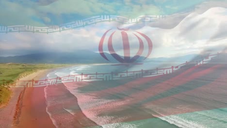 Animation-Der-Iranischen-Flagge,-Die-über-Der-Strandlandschaft-Weht