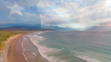 Digitale-Komposition-Der-Chilenischen-Flagge,-Die-Vor-Der-Luftaufnahme-Der-Wellen-Im-Meer-Weht