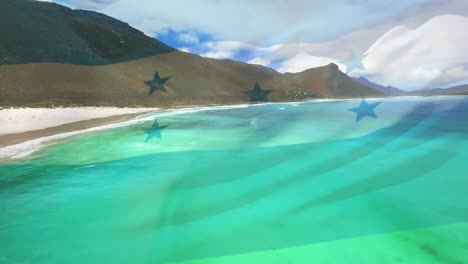 Digital-composition-of-waving-honduras-flag-against-aerial-view-of-the-beach-and-sea-waves
