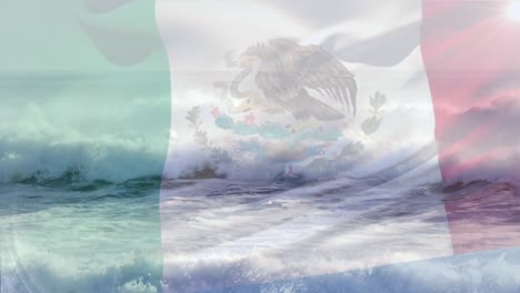 Digital-composition-of-mexico-flag-waving-against-aerial-view-of-waves-in-the-sea
