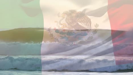 Digitale-Komposition-Der-Wehenden-Mexikanischen-Flagge-Gegen-Wellen-Im-Meer