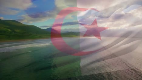 Digitale-Komposition-Der-Algerischen-Flagge,-Die-Vor-Der-Luftaufnahme-Der-Wellen-Im-Meer-Weht