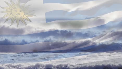 Animación-De-La-Bandera-De-Uruguay-Ondeando-Sobre-El-Paisaje-Marino-De-La-Playa.