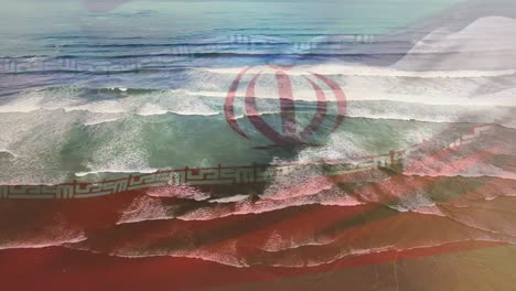 Animation-Der-Iranischen-Flagge,-Die-über-Der-Meereslandschaft-Am-Strand-Weht