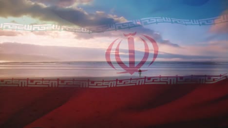 Digitale-Komposition-Einer-Iranischen-Flagge,-Die-Gegen-Einen-Mann-Mit-Surfbrett-Winkt,-Der-Am-Strand-Spaziert